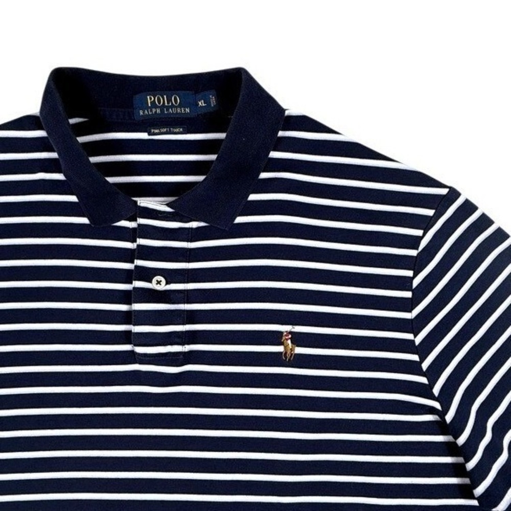 Polo Ralph Lauren Mens XL Pima Soft Touch Striped Polo Shirt Navy Blue White